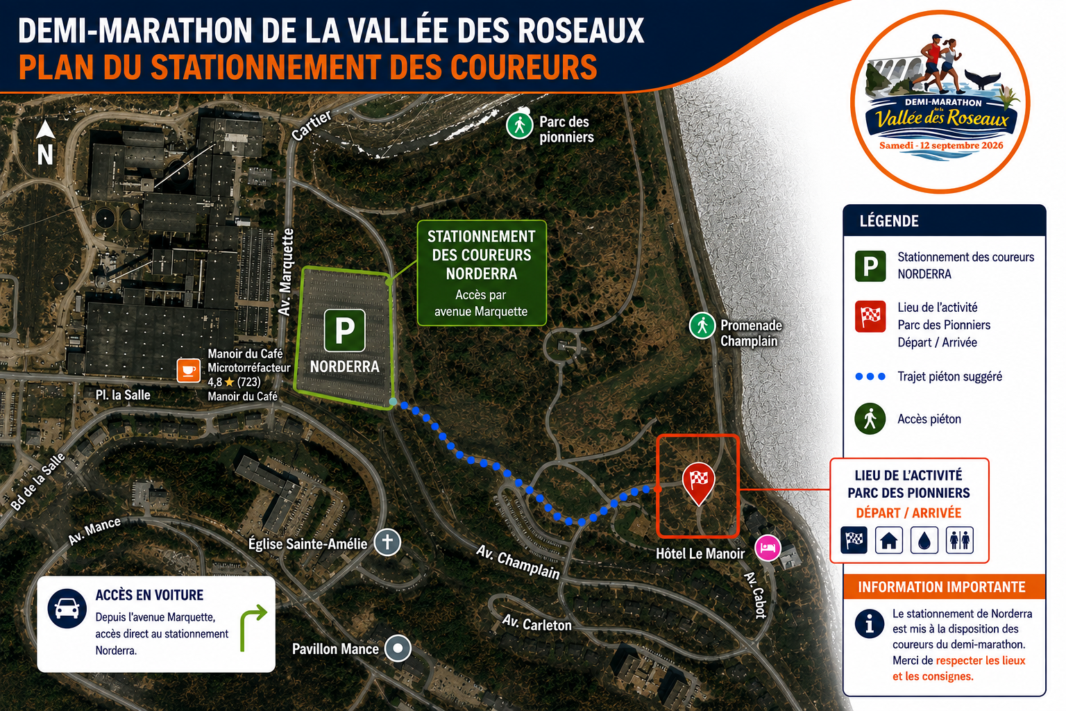 Plan du stationnement des coureurs à Norderra et trajet piétonnier vers le Parc des Pionniers
